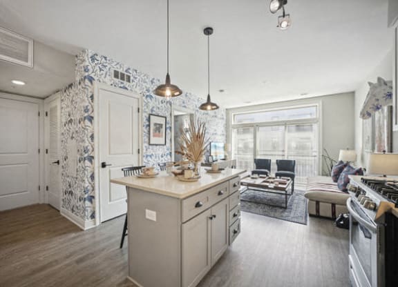 a kitchen and living room with blue and white wallpaper at Park Kennedy, Washington, DC, 20003