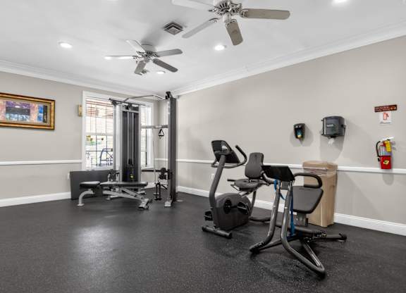 A home gym with a treadmill, exercise bike, and weights.