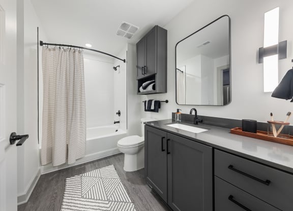 a bathroom with a shower toilet and sink and a mirror at Hawkins Press Apartments North Carolina, NC