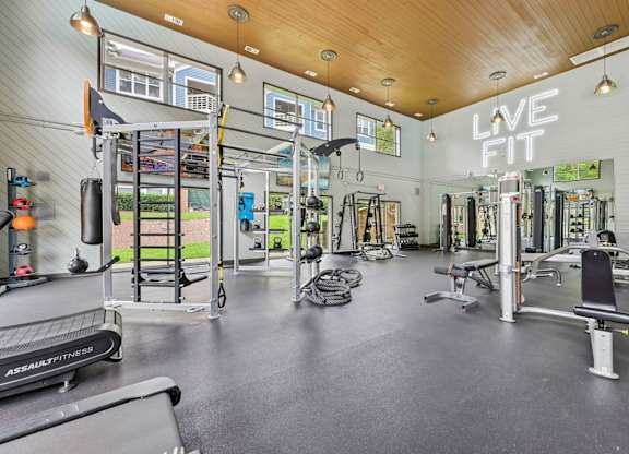 A gym with a variety of equipment including a treadmill, weights, and a bench press.