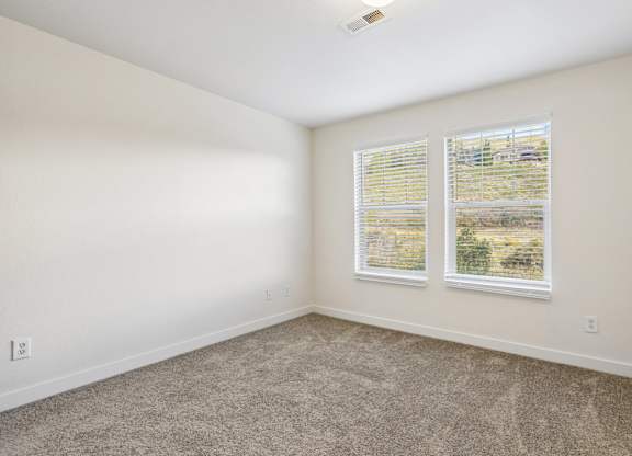 A room with carpeted floor and two windows.