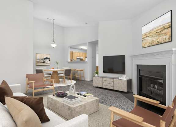 A living room with a fireplace and a television.