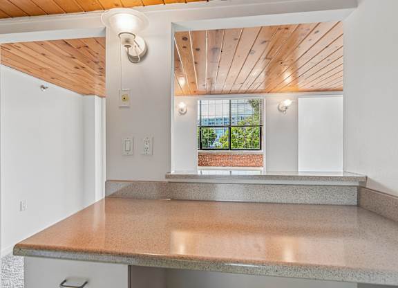 A kitchen with a counter top and a window.