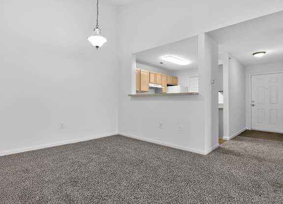 A room with a grey carpet and a white door.