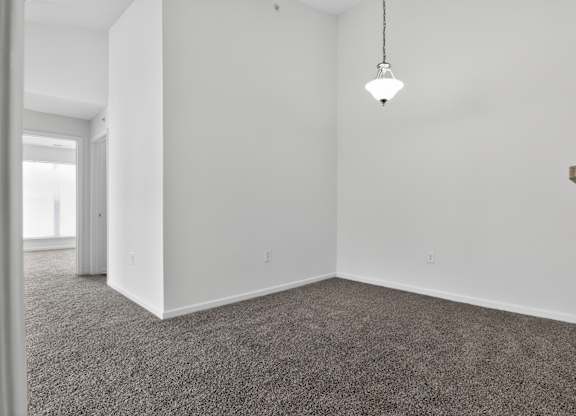 A room with a grey carpet and a hanging light fixture.