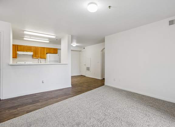 A large, empty room with a carpeted floor and a kitchen area in the background.