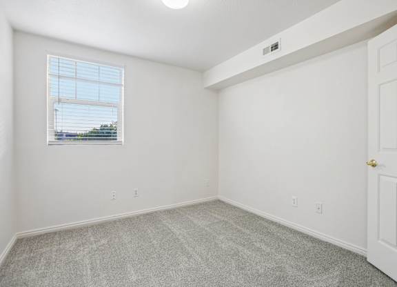 A room with a carpeted floor, a window with blinds, and a white door.
