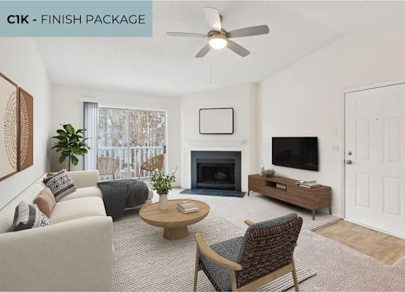 A living room with a fireplace and a television.