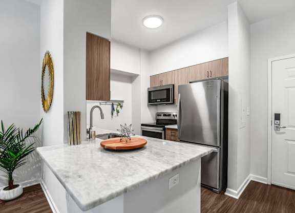 A kitchen with a marble countertop and stainless steel appliances.