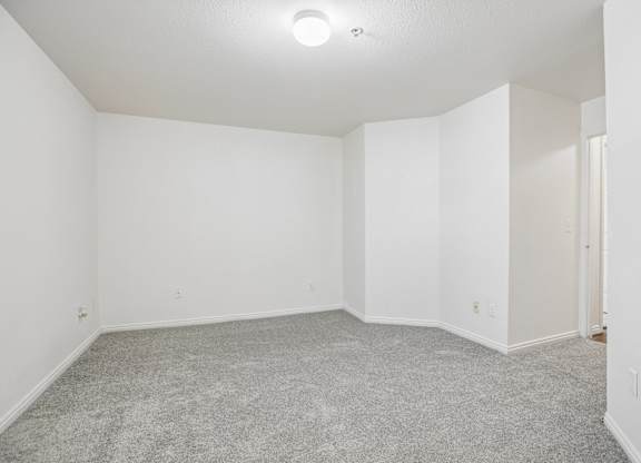 A large empty room with carpeted floor and white walls.