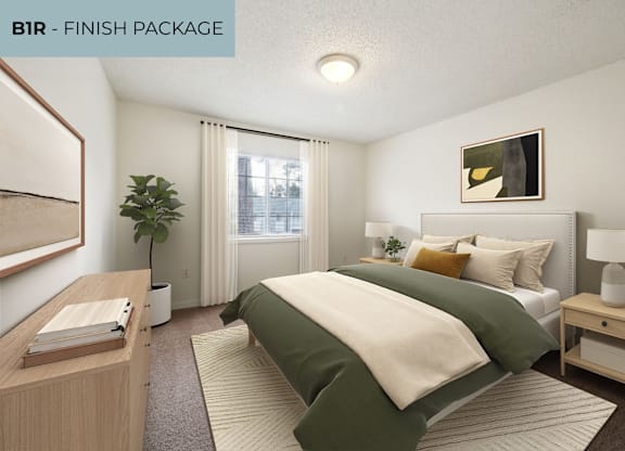 A bedroom with a bed, nightstand, and a plant.