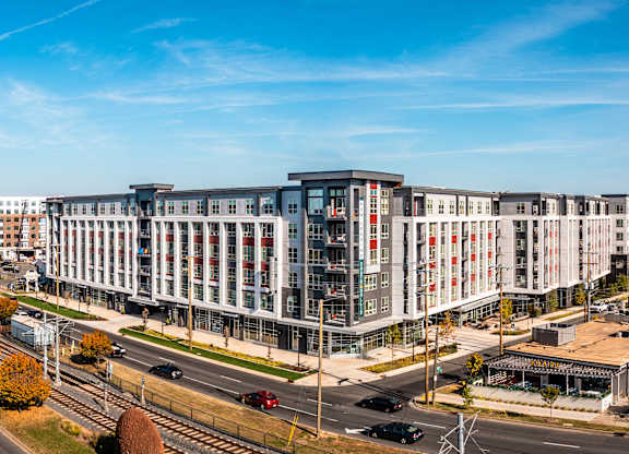 an aerial view of a large building on a city street  at South and Hollis, Charlotte, NC