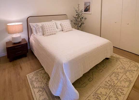 A bedroom with a bed, a lamp, and a rug.