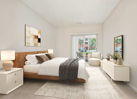 A bedroom with a large bed and a window.