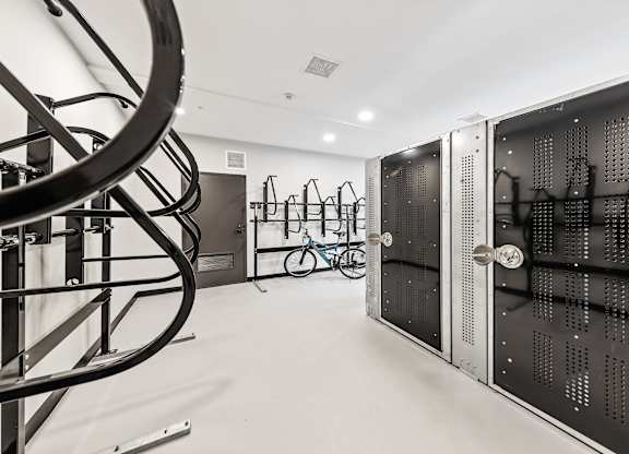 A bike room with storage at Preston Ridge, Cary NC