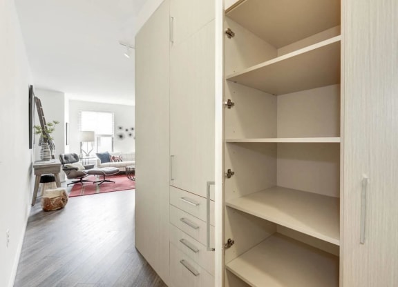 a large white closet with shelves in a living room at Reed Row, Washington