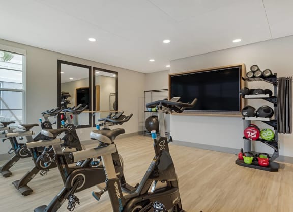 a gym with cardio equipment and a flat screen tv at Delamarre at Celebration, Celebration, FL 34747