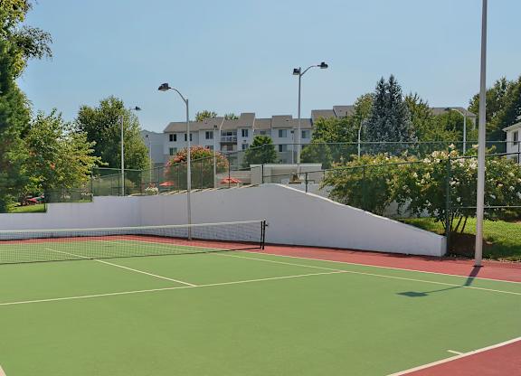 A tennis court with a net and no players.