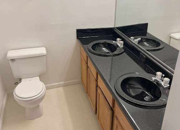 A white toilet sits next to a sink in a bathroom at Shenandoah Station Apartments, Triangle, VA
