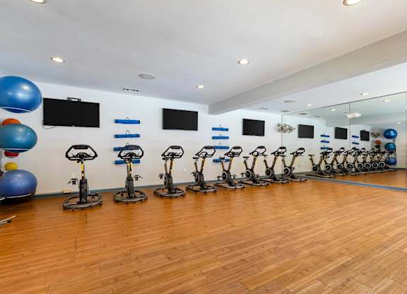 A gym with exercise bikes and exercise balls.at Crestline Cary, Cary, 27511