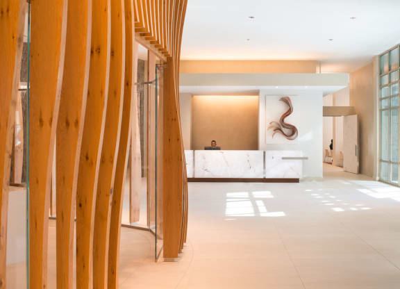 a view of the lobby and reception desk from the second floor at The Acadia at Metropolitan Park, Arlington, Virginia