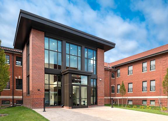 A modern building exterior at The Residences at St. Elizabeths East, Washington, DC