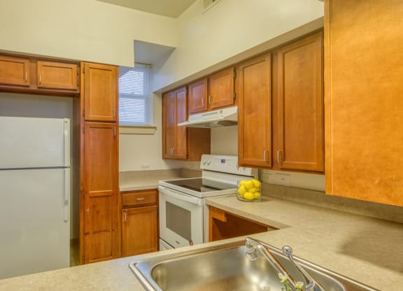 a kitchen with wooden cabinets and a white refrigerator at North Market South Carroll, Maryland