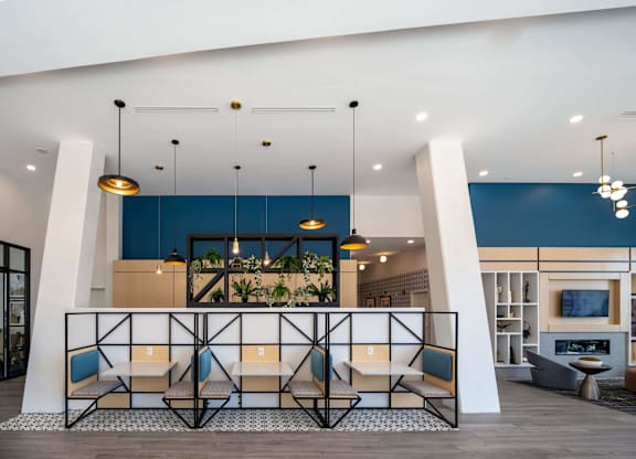 A modern waiting area with a blue accent wall and hanging plants at Jayde Parkside Apartments, Washington, DC, 20019