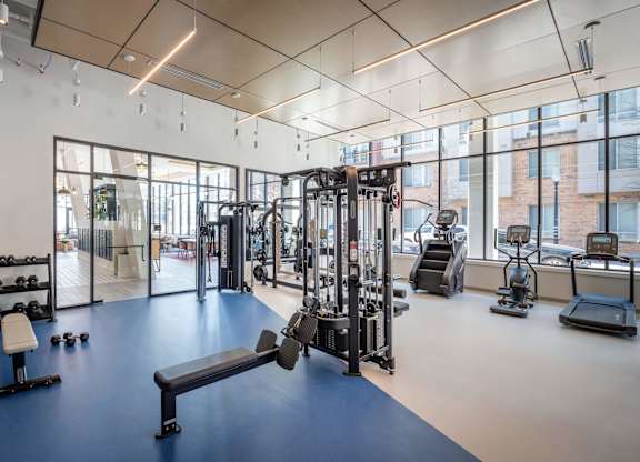 A gym with a variety of equipment including weights, treadmills, and exercise machines at Jayde Parkside Apartments, Washington 20019