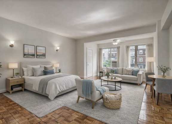 A well-lit bedroom with a large bed, a couch, and a coffee table.