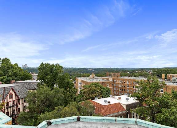 A view of a town from a high vantage point.