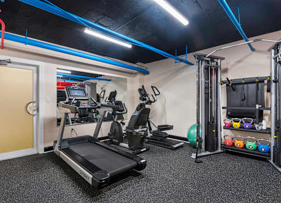 A gym with a treadmill, weights, and exercise equipment.