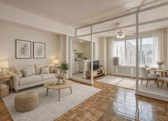 A living room with a white couch, a coffee table, and a dining table.