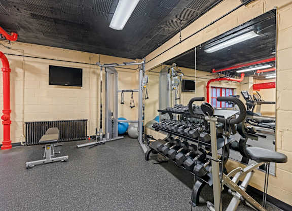 A gym with a variety of equipment including a bench press, a squat rack, and a rowing machine.
