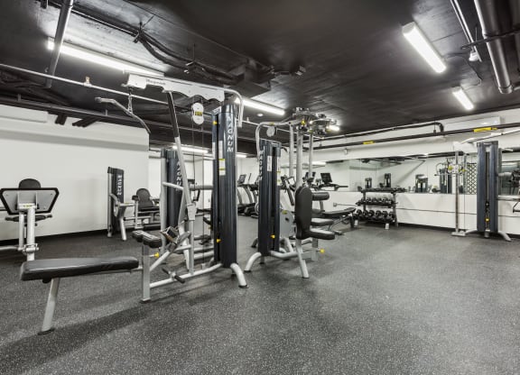 a fitness room with weights and other exercise equipment at Rialto, Washington District of Columbia