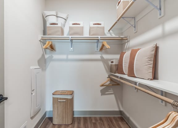 a bedroom with a bunk bed and a closet with shelves and a trash can at South and Hollis, Charlotte, 28209