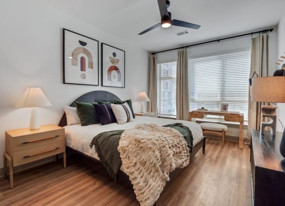 a bedroom with a bed and a ceiling fan at South and Hollis, Charlotte, NC, 28209