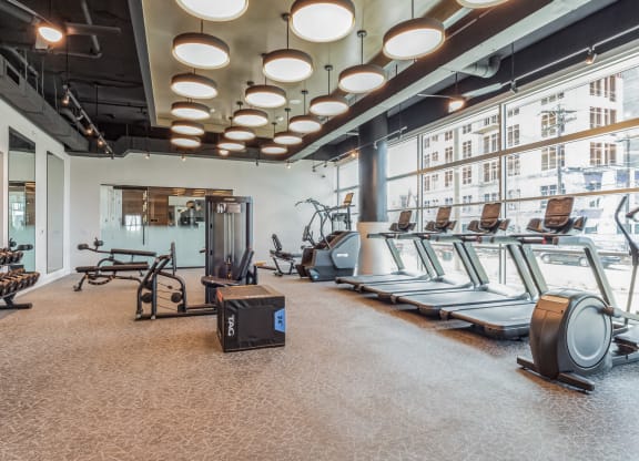 a fitness room with treadmills and other exercise equipment at South and Hollis, Charlotte, NC, 28209