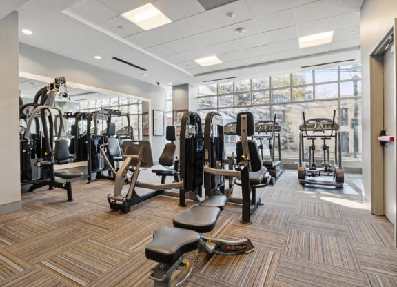 a gym with weights and cardio equipment in a building at The Gramax, Silver Spring, Maryland