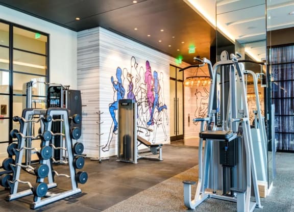 a gym with exercise equipment and a mural on the wall at The Boro, Tysons