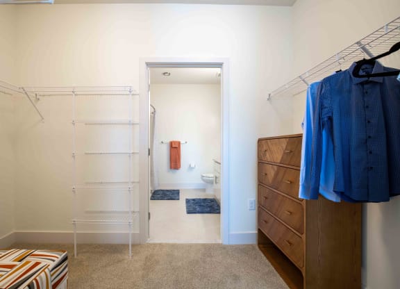 a walk in closet in a bathroom with a shower and a dresser at Woodmore Grand, Bowie