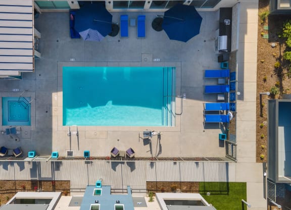 arial view of the pool and poolside patio at Loma Villas Apartments, San Bernardino