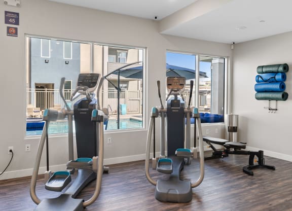 our apartments have a gym with a treadmill and elliptical at Loma Villas Apartments, California