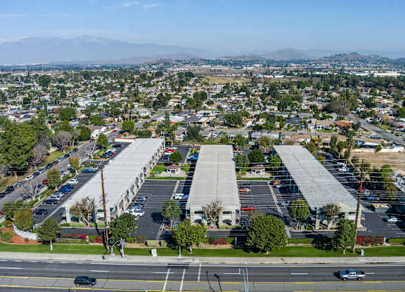 Top view showing 3 buildings at Canyon Shadows Apartments, Riverside