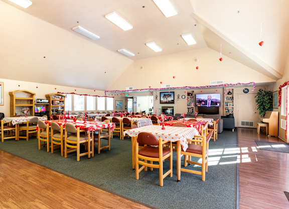 A room with tables set for a party. at Whispering Fountains Diamond Bar, Diamond Bar, CA 91765