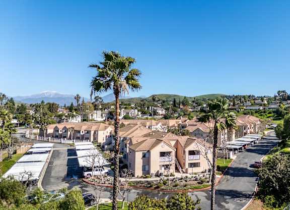 A residential area with houses and palm trees. at Whispering Fountains Diamond Bar, Diamond Bar, 91765