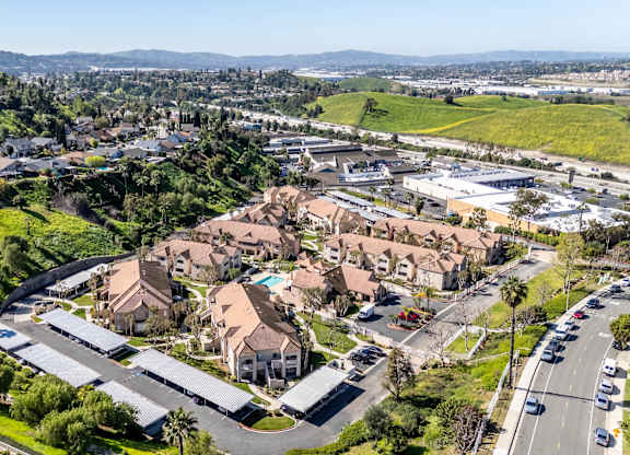 A bird's eye view of apartment with roads at Whispering Fountains Diamond Bar, Diamond Bar, 91765