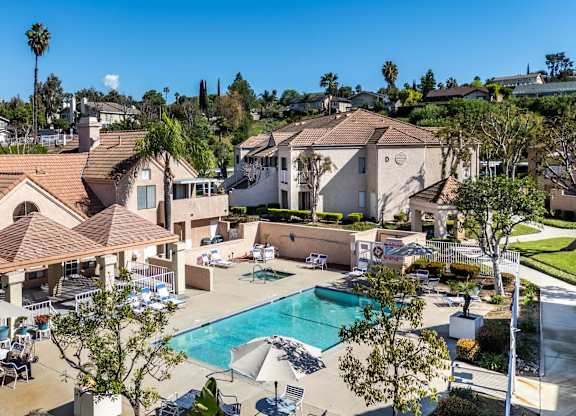 Aerial view showing apartment roof and pool at Whispering Fountains Diamond Bar, Diamond Bar, CA