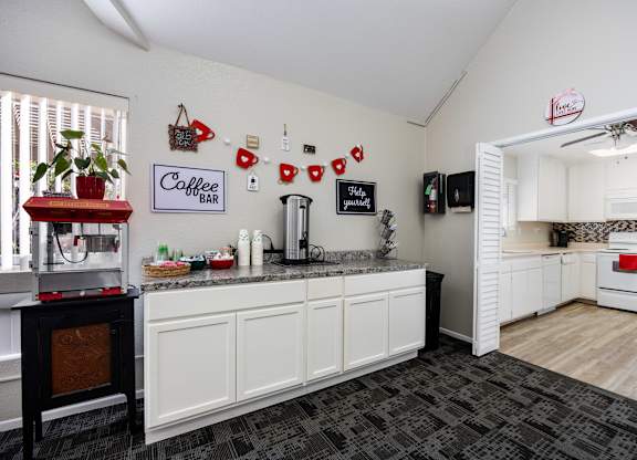Kitchen with a coffee bar and a fridge at Whispering Fountains Monrovia, California , 91016