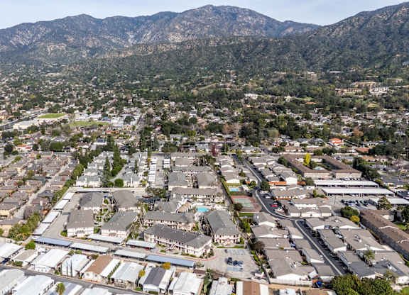 Aerial view of a large city with a lot of buildings at Whispering Fountains Monrovia, Monrovia, 91016